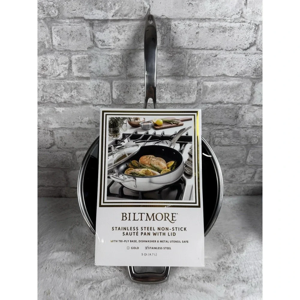 New Biltmore Stainless Steel Non-Stick Saute‎ Pan With Lid 5 Qt Tri-Ply Base
